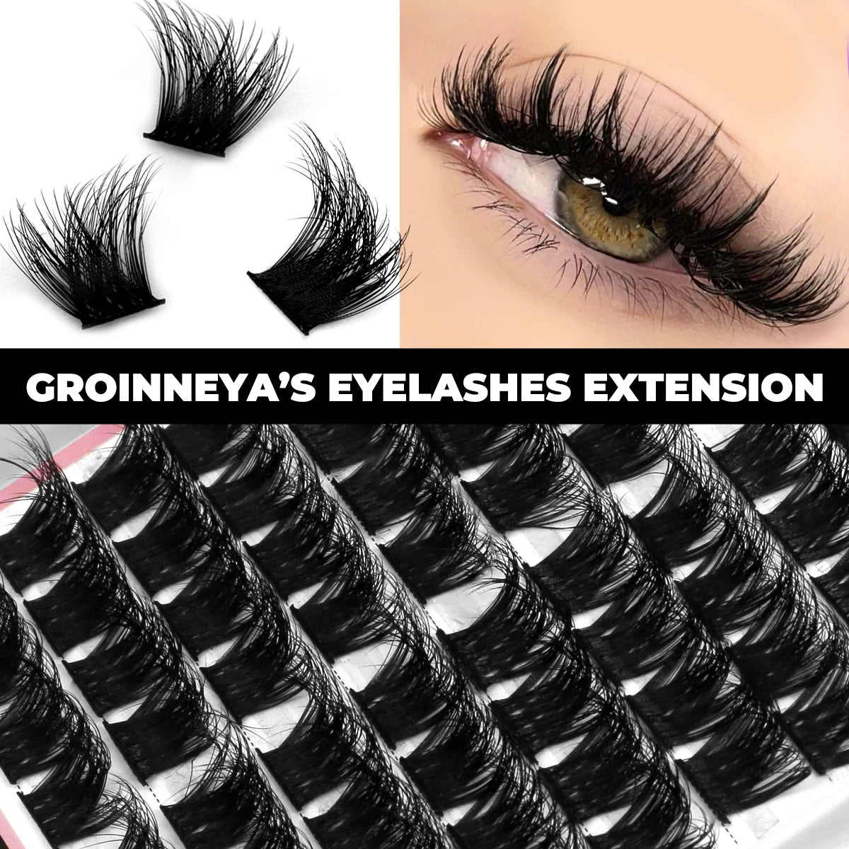GROINNEYA Lash Clusters Kit DIY Lash Extension Volume Waterproof Individual Lashes Clusters Kit Lash Bond & Seal & Lash Tweezers