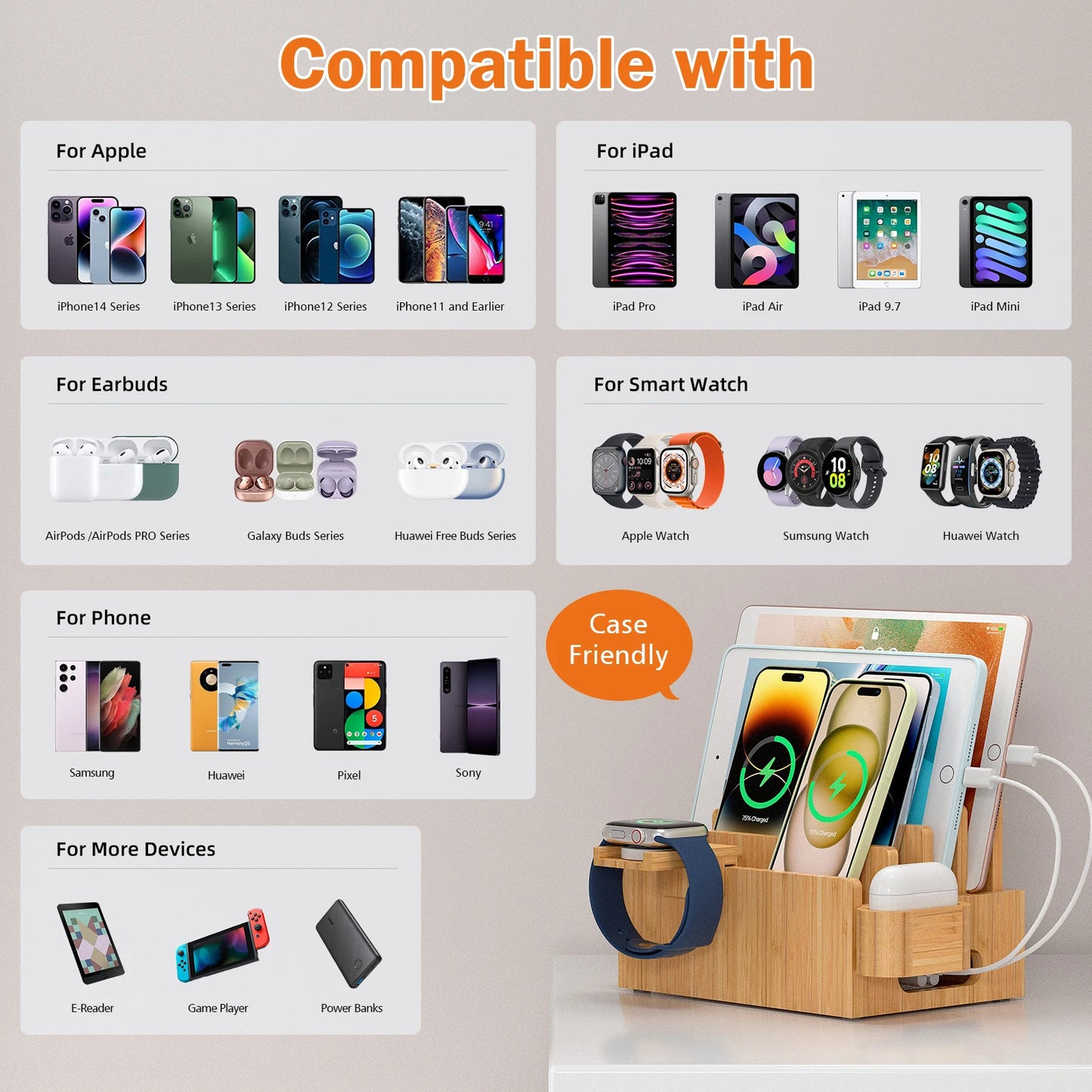 Bamboo Charging Station for Multiple Devices Desktop Docking Stations Holder for Cell Phone Tablet SmartWatch & Earbuds Stand