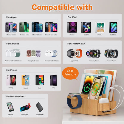 Bamboo Charging Station for Multiple Devices Desktop Docking Stations Holder for Cell Phone Tablet SmartWatch & Earbuds Stand