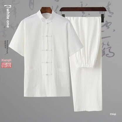 Traditional Chinese Men's Tang Suit Cotton Linen Ancient Costume Tea Servant Zen Meditation Clothing Middle Mountain Hanfu