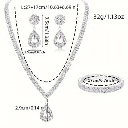 4 Pieces Luxurious Jewelry Set Exquisite Rhinestone Pendant Elegant Women's Crystal Silver Plated Necklace Earrings Bracelet Set