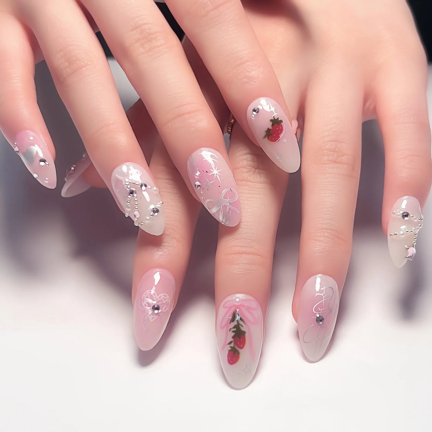 White French Short Press on Nails 3D Bowknot Designs Nude Color Fake Nails Artificial False Nails Tips for Woman DIY Manicure