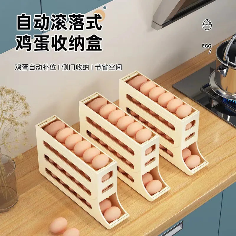 4 Tier Egg Storage Box Organizer for Refrigerator Rolling Egg Organizer Holder Fridge Storage Organizer Food Storage Container