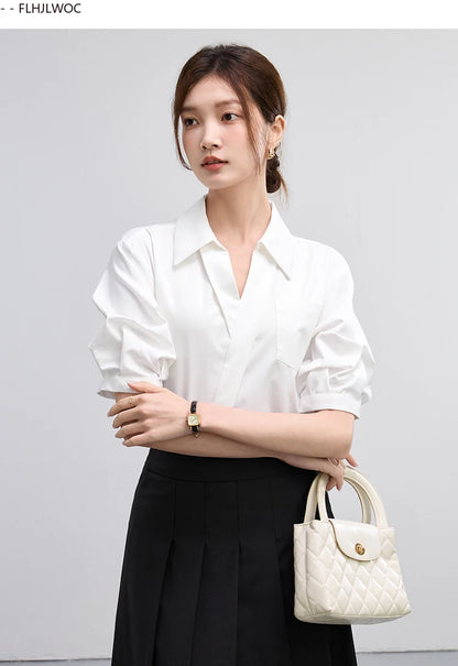 Office Lady Basics Fashion White Shirts New Women Summer Work Solid V Neck Tops Blouses French Design Interview Shirt Cotton