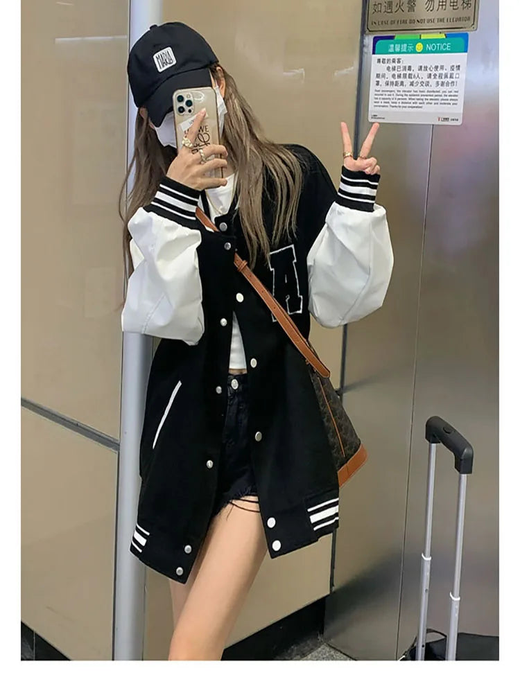 Women Bomber Jackets 2023 Fall Winter Fashion Baseball Uniform Oversize Coats Student Couple Harajuku Loose Jacket Streetwear