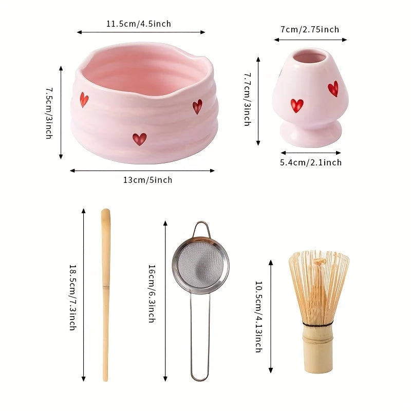 5pcs Pink Heart Decal Ceramic Matcha Set, Cute Matcha Set Includes Matcha Bowl, Matcha Whisk and Holder, Bamboo Scoop, Sifter