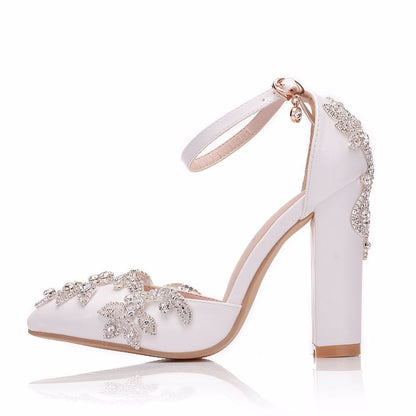 2025 Thick Heel Pointed Toe Shoes Large Size  Thick Heel Sandals Women Rhinestone Wedding Shoes Women White Wedding Shoes Drill