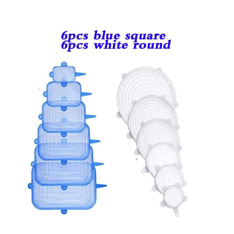 12pcs Silicone Stretch Lids Round Rectangle Magic Lids Reusable Food Covers for Bowls Cups Cans Shapes of Container Dishwasher