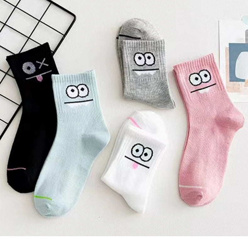 5 Pairs Cute Expression Print Socks, Comfy & Funny All-match Mid Tube Socks, Women's Stockings & Hosiery