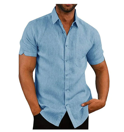 Men Pocket Blouse Tops Summer Male Turn Down Collar Button Short Sleeve Slim Solid Color Blouse Shirts YYCFS-19505