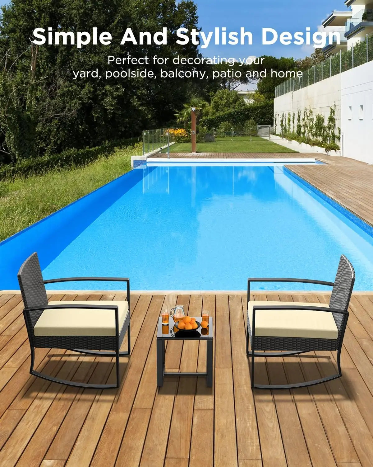 3 Pieces Patio Furniture Set Rocking Bistro Set Outdoor Rattan Conversation with Coffee Table for Garden Balcony Backyard