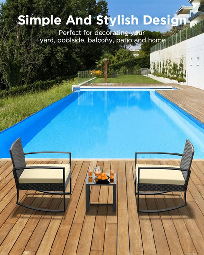 3 Pieces Patio Furniture Set Rocking Bistro Set Outdoor Rattan Conversation with Coffee Table for Garden Balcony Backyard