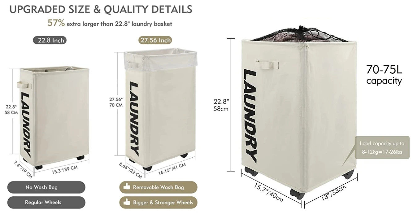 62L Slim Laundry Baskets Organizers Handles Rolling Washing Bin for Bedrooms, Living Room, Bathroom
