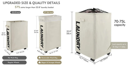 62L Slim Laundry Baskets Organizers Handles Rolling Washing Bin for Bedrooms, Living Room, Bathroom