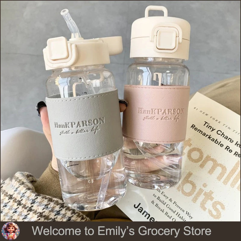 500Ml Portable Plastic Water Bottles with Straw Anti-scalding Leather Case Non-leaking Cute Bottle Outdoor Drinkware