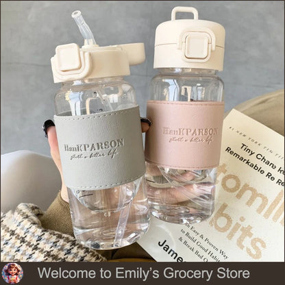 500Ml Portable Plastic Water Bottles with Straw Anti-scalding Leather Case Non-leaking Cute Bottle Outdoor Drinkware