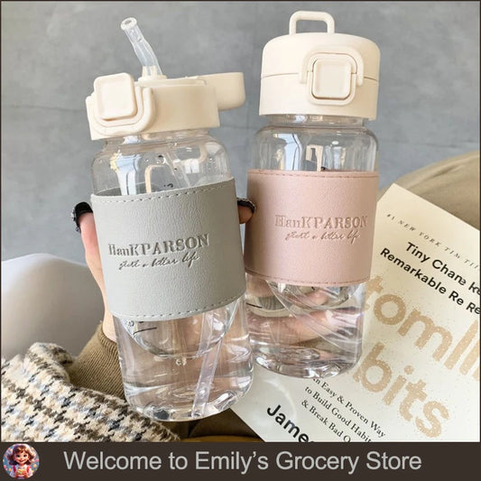 500Ml Portable Plastic Water Bottles with Straw Anti-scalding Leather Case Non-leaking Cute Bottle Outdoor Drinkware