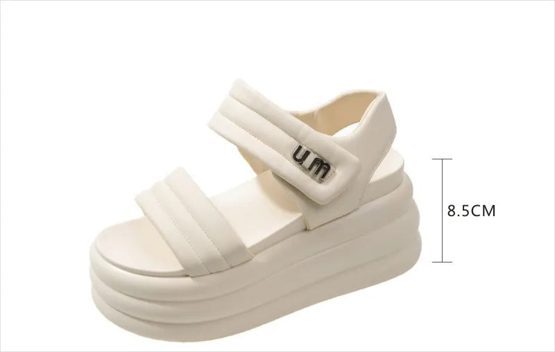 2025 Summer Women Chunky Sandals Leather High Platform Trainers Breathable Casual Slippers Shoes Woman 8.5CM Heels Wedge Sneaker