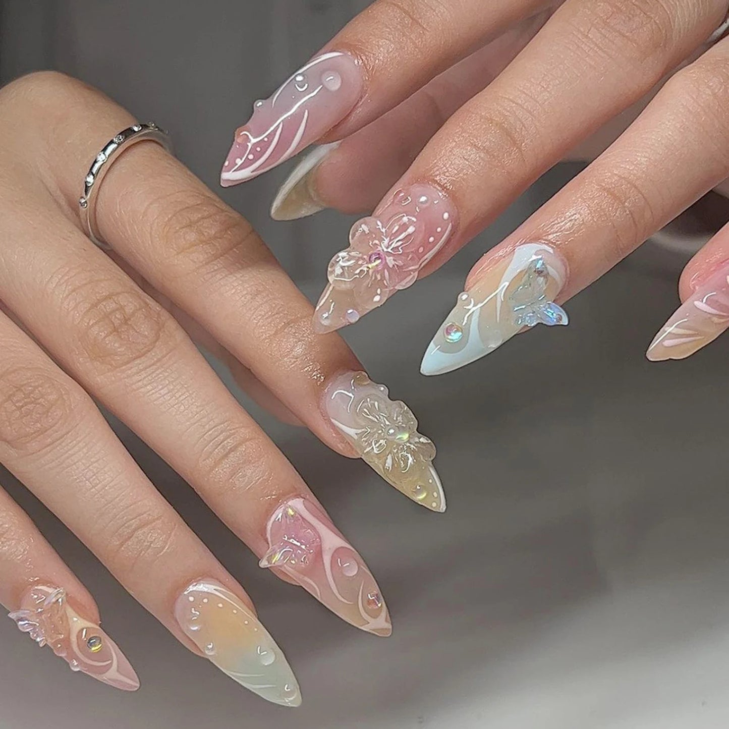 White French Short Press on Nails 3D Bowknot Designs Nude Color Fake Nails Artificial False Nails Tips for Woman DIY Manicure