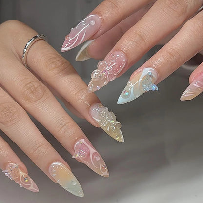 White French Short Press on Nails 3D Bowknot Designs Nude Color Fake Nails Artificial False Nails Tips for Woman DIY Manicure