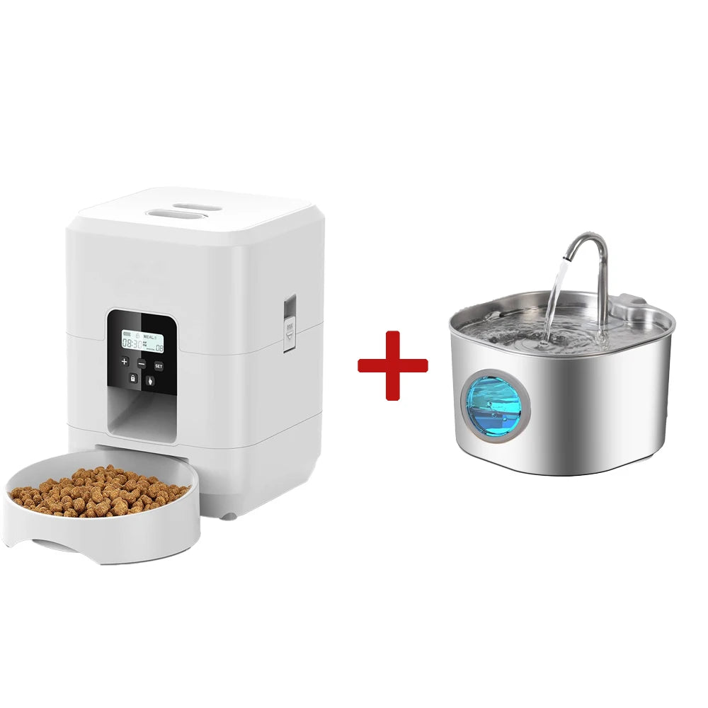 Smart Pet Feeder, Pet Dispenser and Fountain Set, Cat Automatic Feeder with Stainless Steel Fountain, Dog Feeder and Fountain Ki