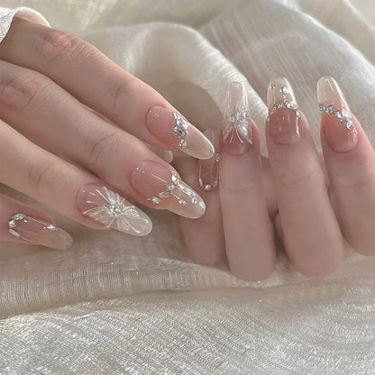 24Pcs Almond Pure Handmade Press On Nails Full Cover Butterfly French Pearl Diamond False Nails Wearable Manicure Nail Tips Art