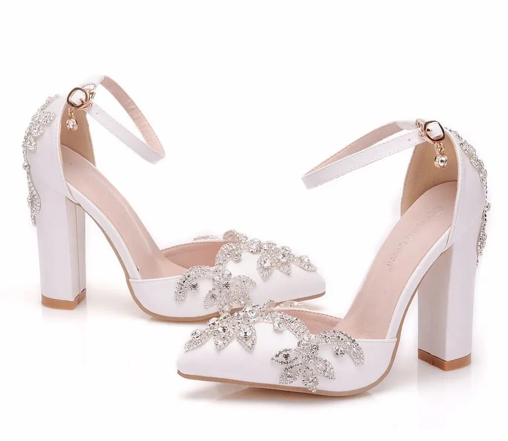 2025 Thick Heel Pointed Toe Shoes Large Size  Thick Heel Sandals Women Rhinestone Wedding Shoes Women White Wedding Shoes Drill