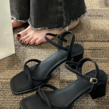 Sandals, 2024 Summer New Fashion Gentle Retro Chunky Non-slip Sandals, A Line with 5cm High Heels Summer Beach Sandals