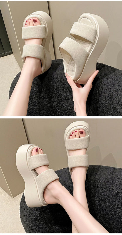 Summer 2023 Chunky Sandals Women's Thick Bottom Wedge Heels Slides 8CM High Heels Platform Leather Casual Beach Flip Flops Woman