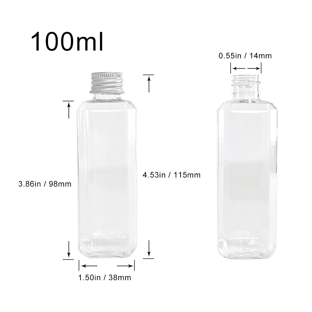 100ml Rectangle Bottles Travel Kit Refillable PET Plastic Square Portable Jar With Aluminium Screw Cap Leakage Proof Healthy