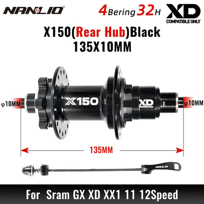 Bicycle hubs Nanlio X150 Mountain Bike Hubs 6 Pawls 150 Engagement Rear Hub HG MS XD 8-12 Speed 28 32 36 Holes Noisy wheel Hubs