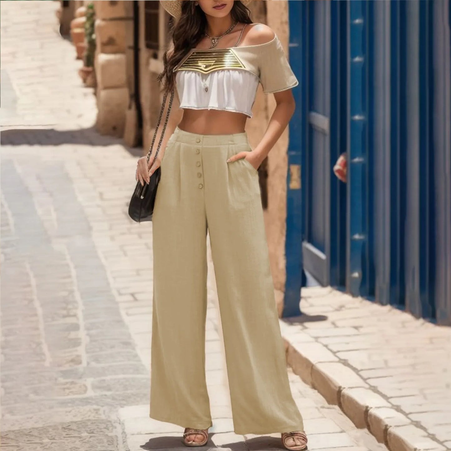 Pants For Women Summer Autumn Flowy Cotton Wide Leg Palazzo Pants Long Slacks High Waist Button Trousers Female Trousers