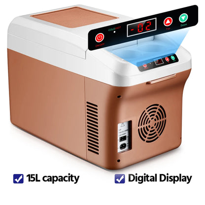 Car Refrigerator 15L Mini Fridge Refrigeration/Heat 12V/24V Green and Energy Efficient Multi-Purpose Auto/Home Refrigerator