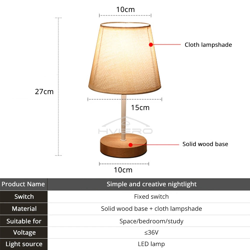 Solid Wood Cloth Nordic Decorative Table Bedroom Bedside Lamp Simple Creative Remote Control Small Night Light Energy Saving Led