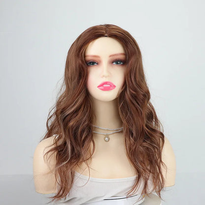 26-inch (about 70 cm) long synthetic hair, dark brown, rose gold, light brown, middle-part curly hair, daily wear, party,