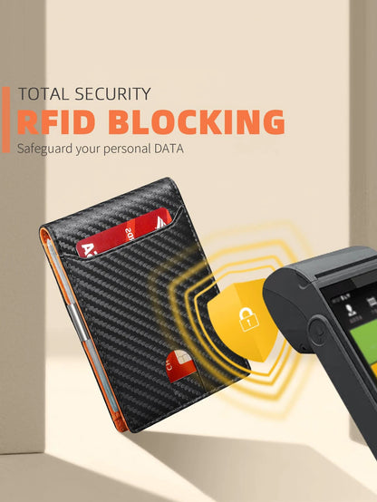 RFID Blocking Carbon Fiber Wallet- Ultra-Slim Bi-Fold Credit Card Holder with ID Window, Portable Front Pocket Money Clip