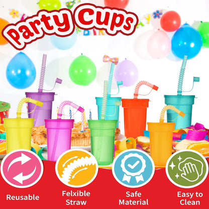 Neon Sipper Cups Reusable Spill-Proof Drinking Cups with Lids and Straws for Birthday Party Travel Xmas Juice Mug Water Bottle