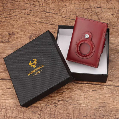 Cowhide Leather Men's Wallet RFID Blocking Protect Cardholder Automatic Card Case for Women with Apple AirTag Holder
