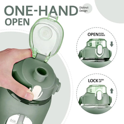 1000ML Glass Water Bottles with Straw, Glass Bottle with Silicone Sleeve and Time Marker, for Gym Camping Home Office