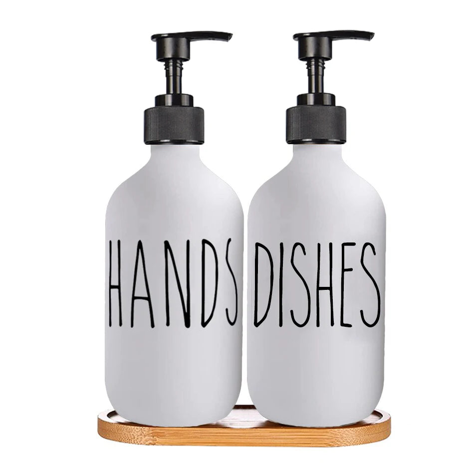 Set Plastic Home Kitchen Dish Soap Dispenser Bathroom Shampoo Lotions 500ml Lotions Empty Bottles Wooden Tray