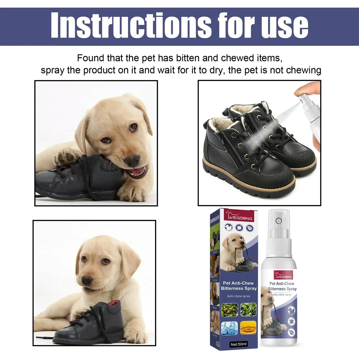 Bitter Taste Pet Anti-Chew Spray 50ML Strong Deterrent Spray to Prevent Chewing Furniture Legs Scratching Sofas Effective Dog