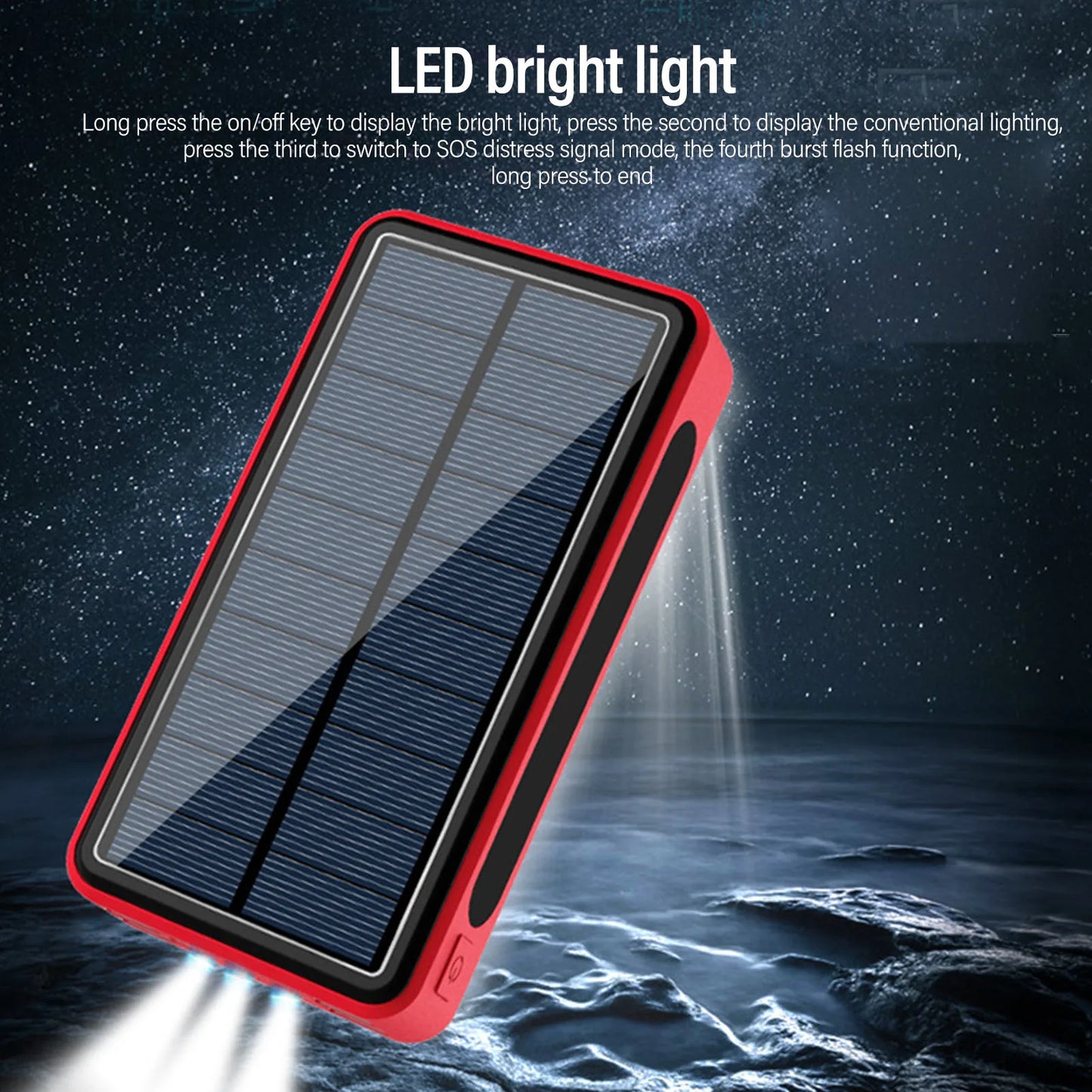 Solar Power Bank 50000mAh Aluminum Alloy USB Portable Charger Battery Pack with LED Light for Outdoor Camping Emergency