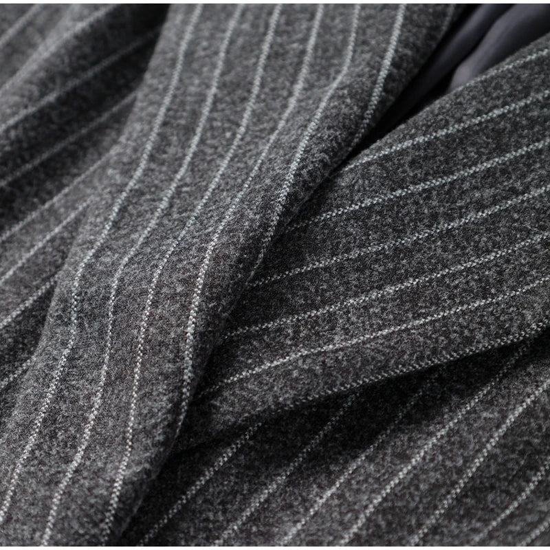 Retro Striped Lapel Woolen Long Coat Women Casual Loose Dark Grey Oversize Coats Female Winter Elegant Chic Outwear