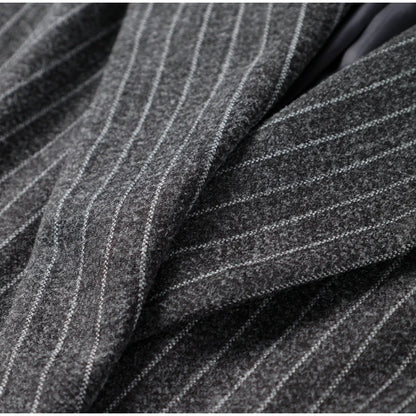 Retro Striped Lapel Woolen Long Coat Women Casual Loose Dark Grey Oversize Coats Female Winter Elegant Chic Outwear