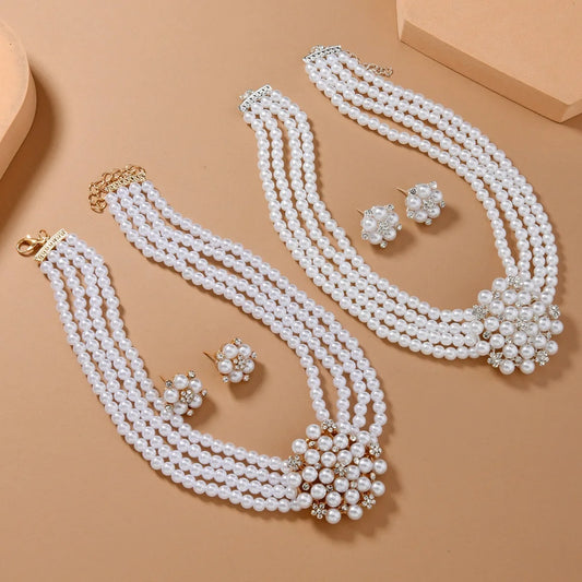 Fashion Jewelry Set Luxury Alloy Rhinestone Flower Imitation Pearl Beaded Choker Necklace And Earrings Women Wedding Accessories