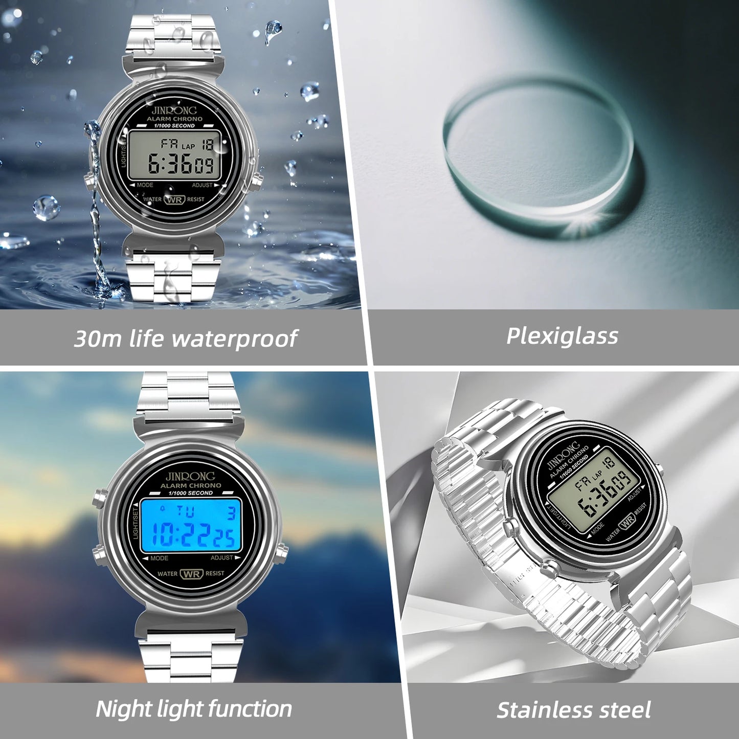 Fashionable men's and women's digital watches, waterproof 30M, stainless steel strap, LED backlight, date and week display