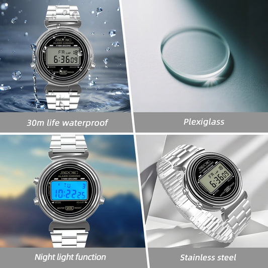 Fashionable men's and women's digital watches, waterproof 30M, stainless steel strap, LED backlight, date and week display