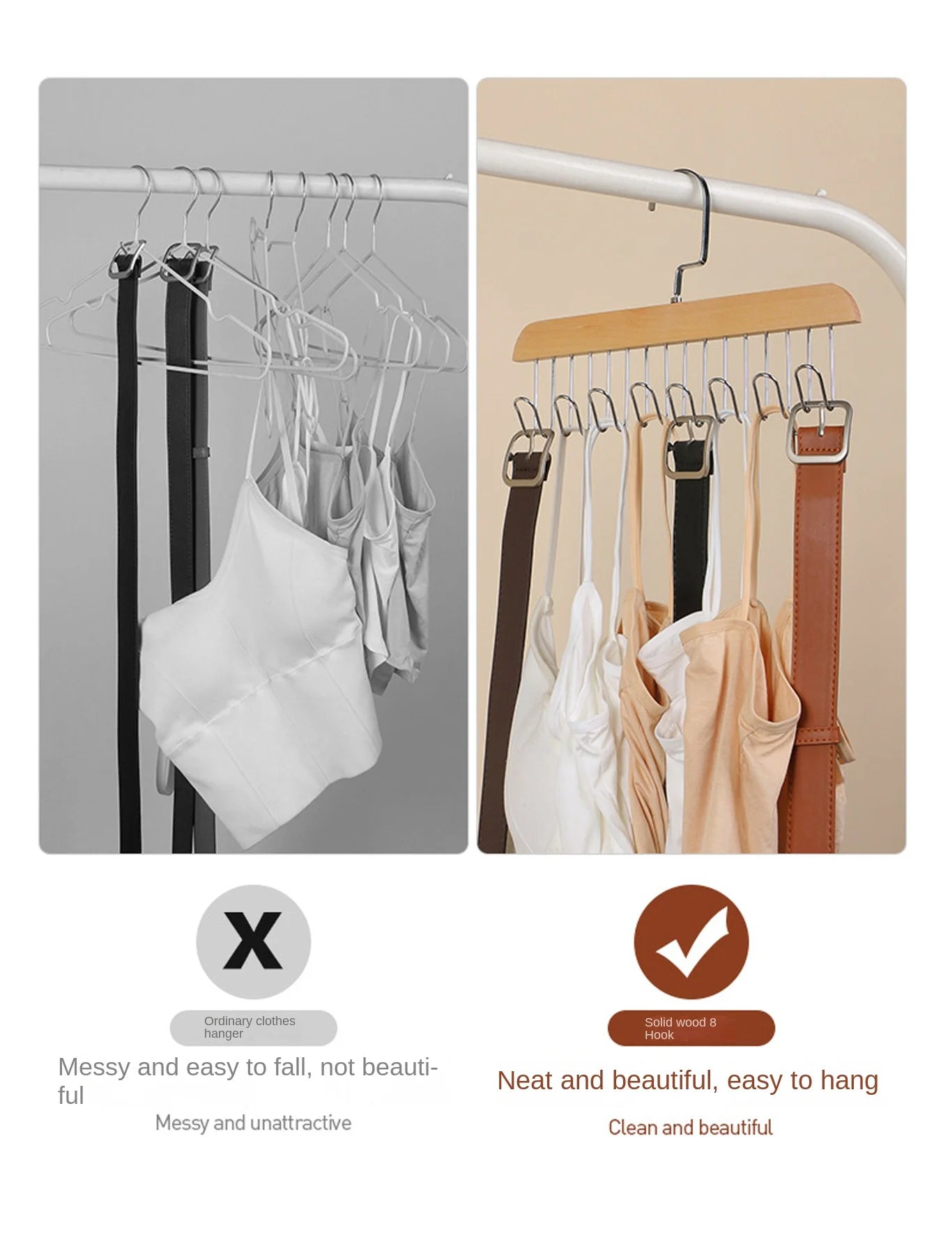 1/2/3pcs wooden new multifunctional hook hanger, bra strap storage, including 8 hooks, suitable for home and dormitory use