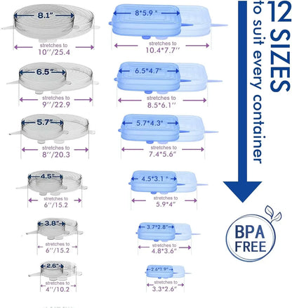 12pcs Silicone Stretch Lids Round Rectangle Magic Lids Reusable Food Covers for Bowls Cups Cans Shapes of Container Dishwasher