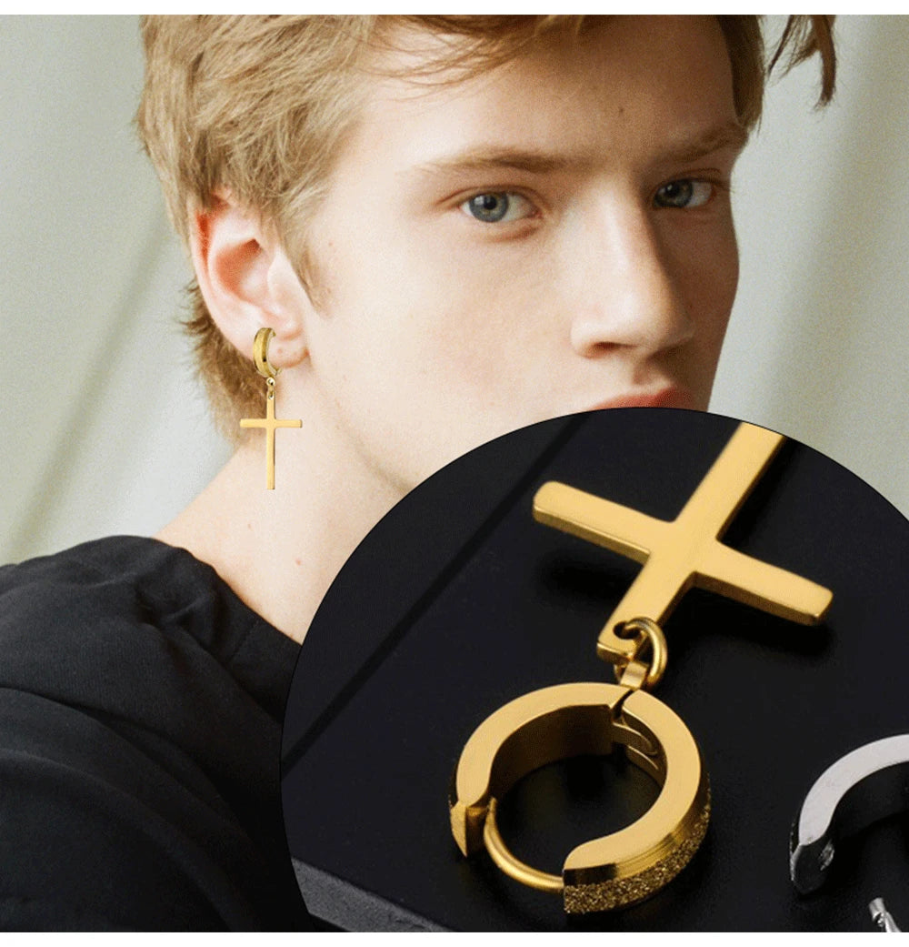 Punk Stainless Steel Frosting Hoop Earrings Design Women Men Pierced Cross Ear Jewelry Accessories Party Dangle Earring